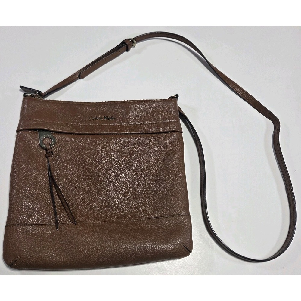 Calvin Klein Brown Pebbled Leather Shoulder Bag Gold Hardware Logo